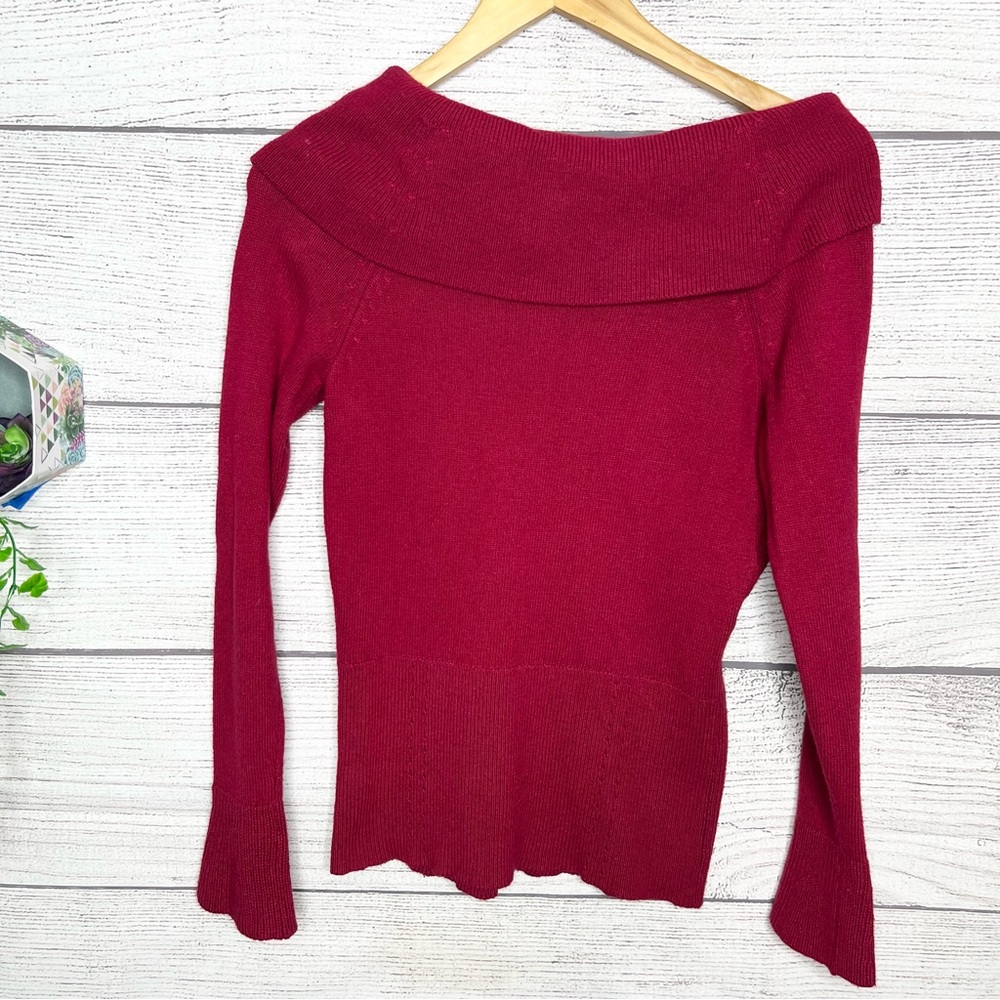 WHBM Red Cashmere Blend Wrapped Wide Collar V Neck Sweater Top Size Small - Picture 7 of 10
